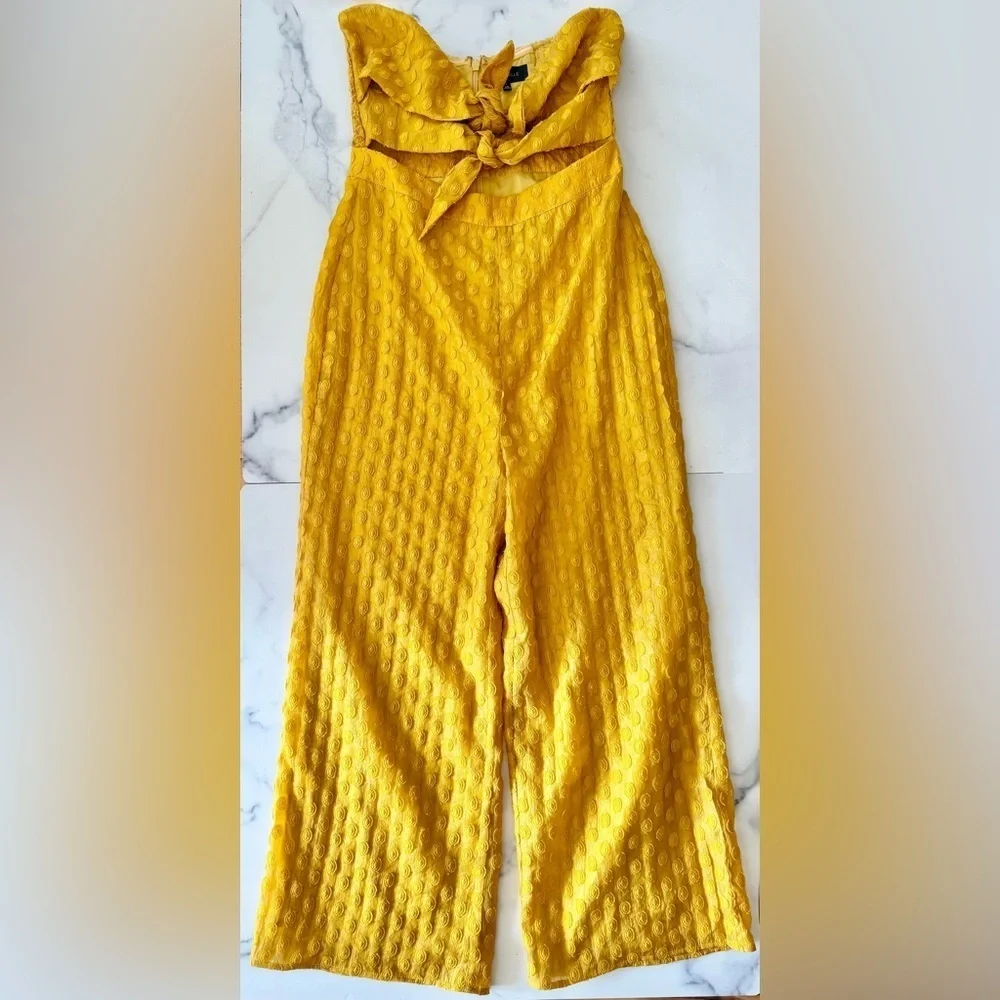 Majorelle Mustard Yellow Cropped Cutout Jumpsuit, Strapless Wide-Leg Size Small